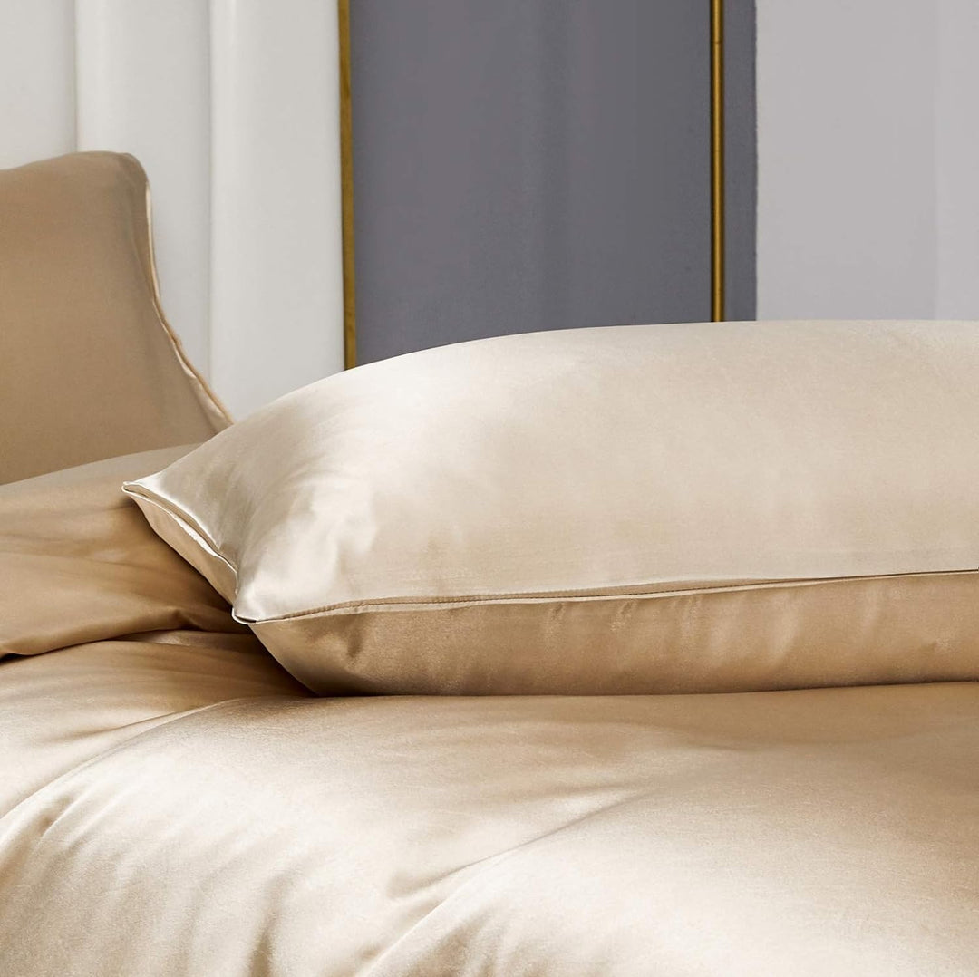 Damier Bettwäsche 155x220cm Beige Satin Uni Glatt Bettwäsche Set Deluxe Hochwertiges Deckenbezug mit