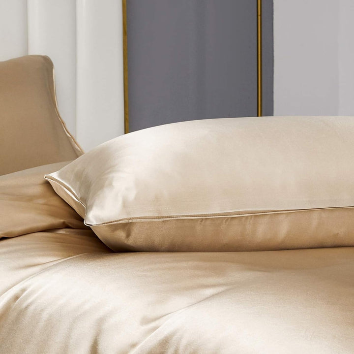 Damier Bettwäsche 155x220cm Beige Satin Uni Glatt Bettwäsche Set Deluxe Hochwertiges Deckenbezug mit
