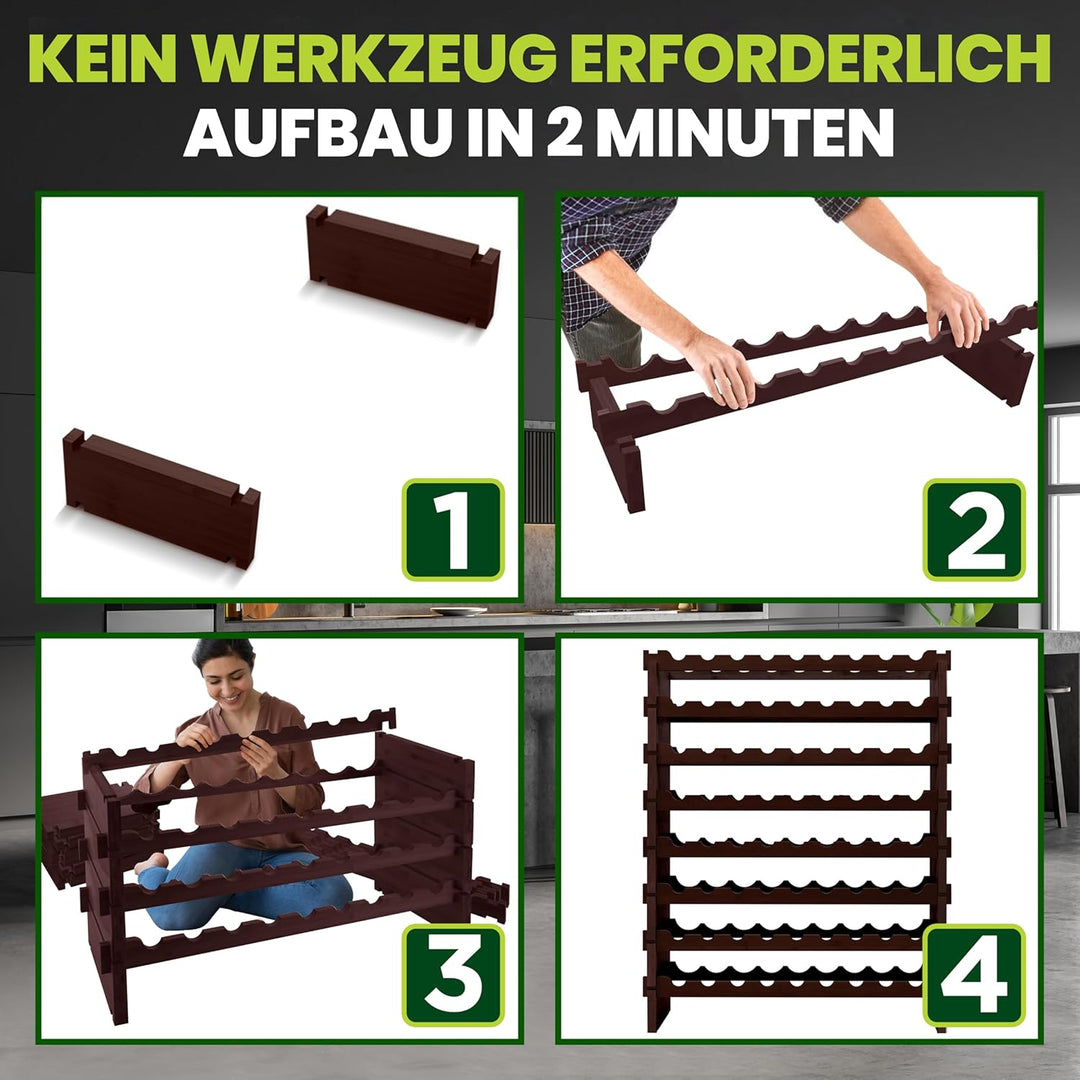NutriChef Stapelbares Bambus-Weinregal, 8-stöckig, 72 Flaschen Kapazität, Freistehendes Regal, Werkz