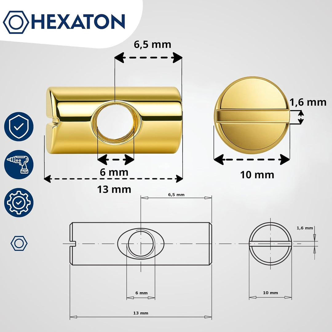 HEXATON Symmetrisch Quermutterbolzen Kreuzdübel Zylindermuttern - M6 x 10 x 13 mm - 50 Stück - Stahl