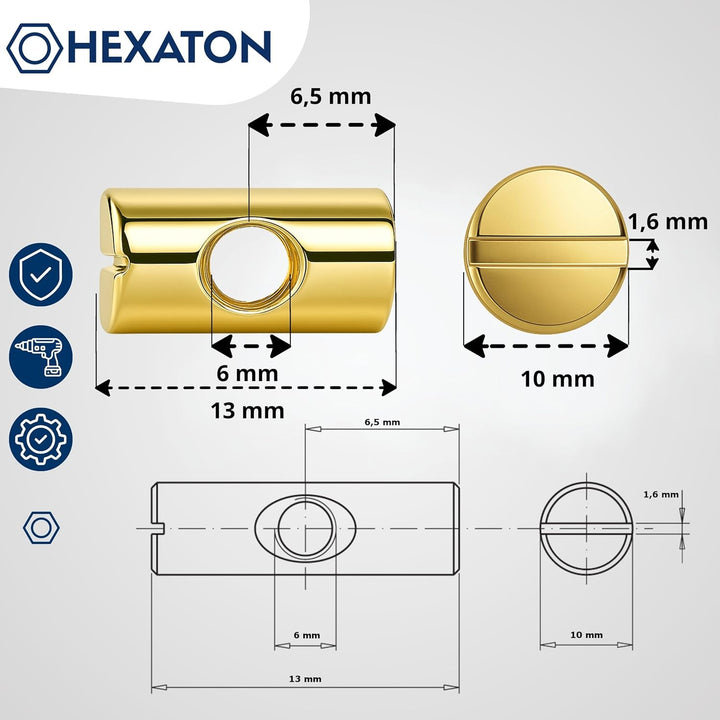 HEXATON Symmetrisch Quermutterbolzen Kreuzdübel Zylindermuttern - M6 x 10 x 13 mm - 50 Stück - Stahl