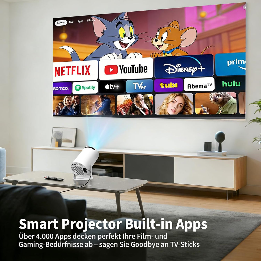 Mini Beamer,4K 1080P Smart Beamer,Projektor Tragbarer mit WiFi 6 und Bluetooth 5.4,Auto Trapezkorrek
