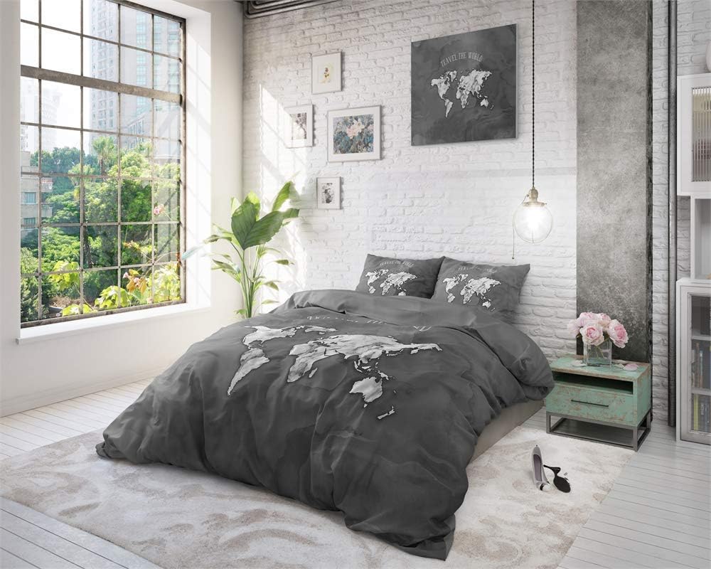 Sleep TIME Bettwäsche 100% Baumwolle, Grau, Weltkarte, 200cm x 220cm, Mit 2 Kissenbezüge 60cm x 70cm