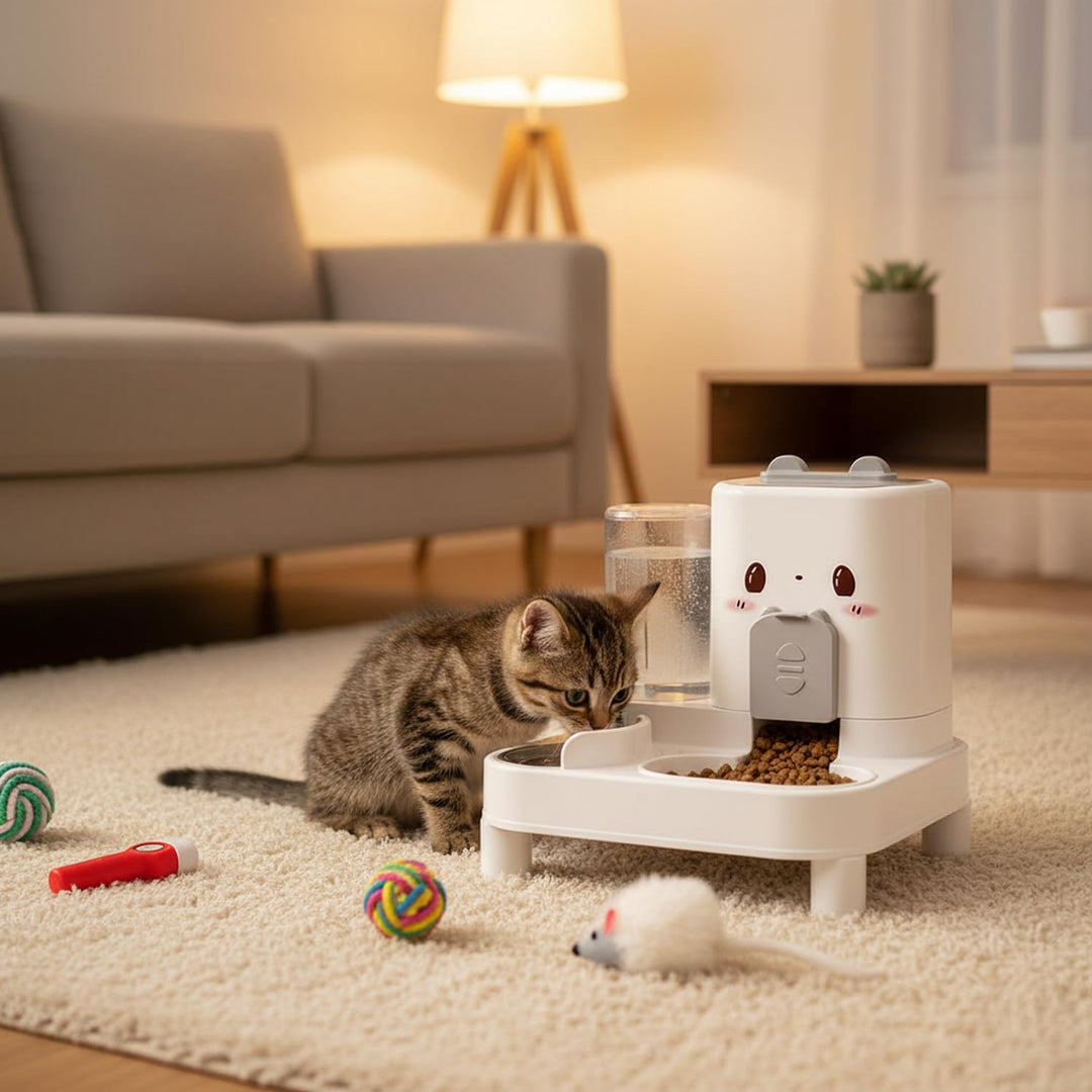 Wasserspender Futterspender für Katze und Hund, 2-In-1 Automatischer Trockenfutterspender, Automátic