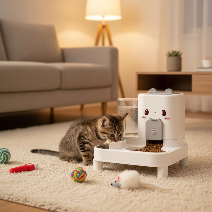 Wasserspender Futterspender für Katze und Hund, 2-In-1 Automatischer Trockenfutterspender, Automátic