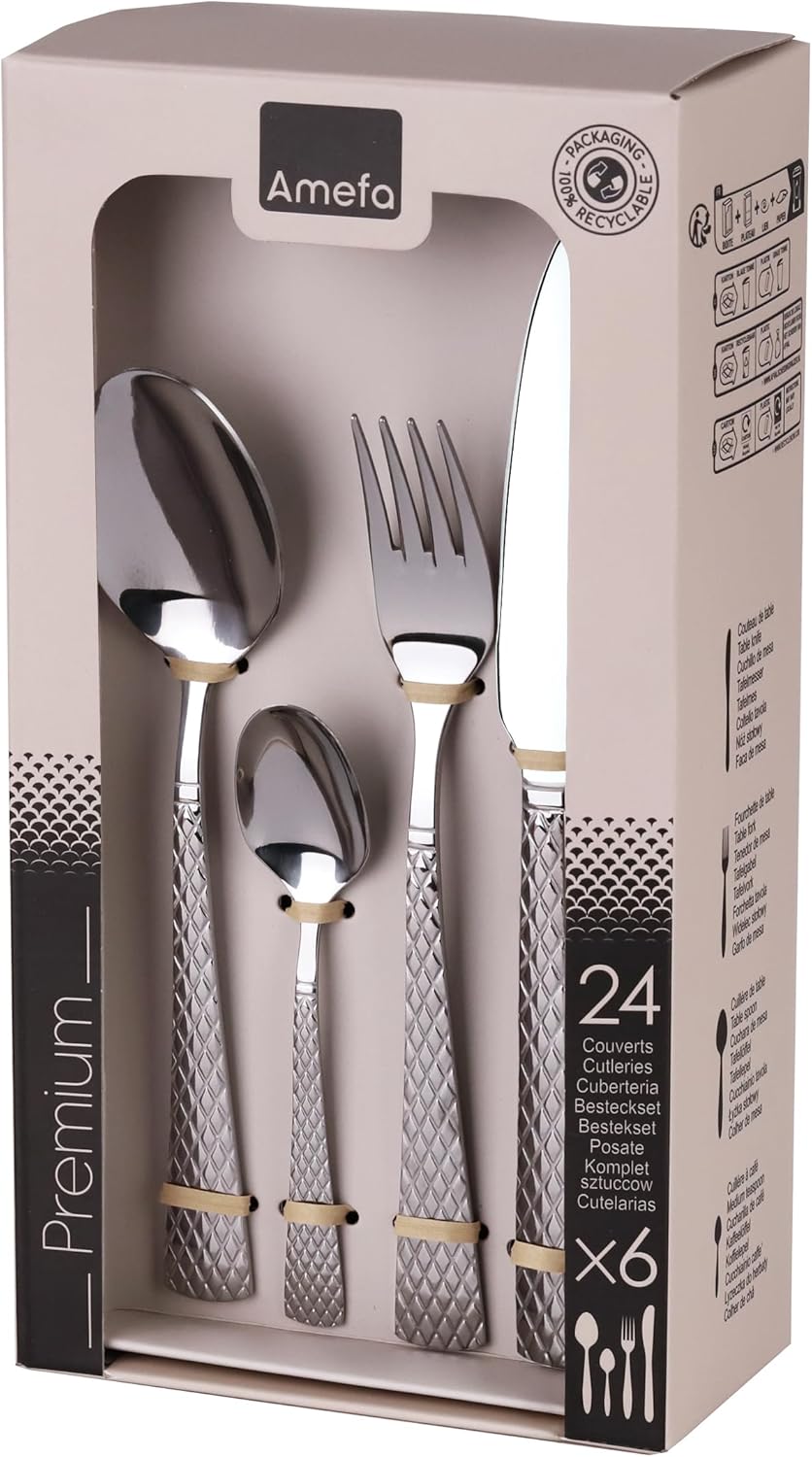 Amefa Besteck QUADRILLE, stilvolles Rautenmuster, Zisele-Dekor, Edelstahl 18/0 glänzend, 24-teilig