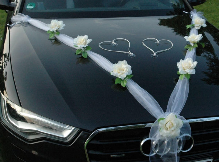 Organza M + Schleife Auto Schmuck Braut Paar Rose Deko Dekoration Autoschmuck Hochzeit Car Auto Wedd
