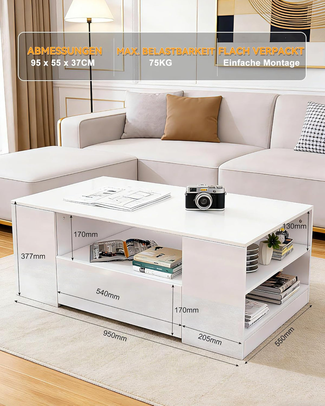LED Couchtisch Wohnzimmertisch mit Regal Hochglanz Modern Beistelltisch Kaffeetisch mit 2 Schubladen