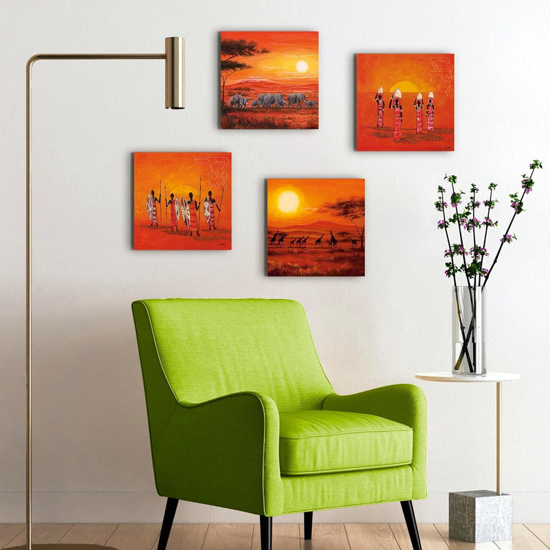 ARTLAND Leinwandbilder auf Holz Wandbild Bild Set 4 teilig je 30x30 cm Afrika Safari Landschaft Elef