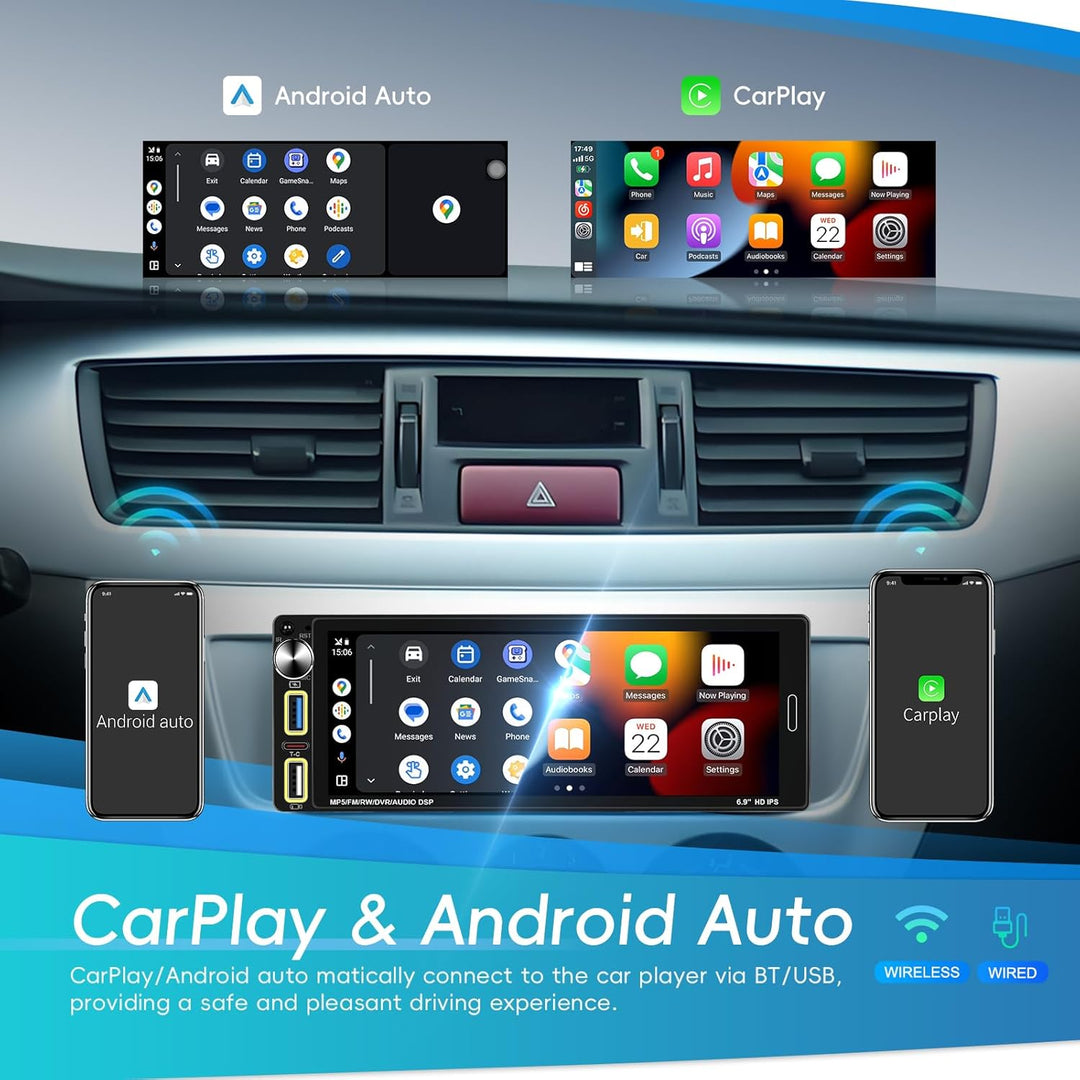 Hikity Autoradio mit Bildschirm 1 Din Wireless CarPlay Android Auto, 6,9 Zoll HD Touchscreen Radio B