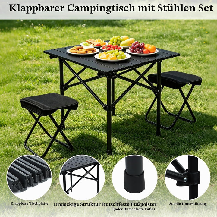 Campingtisch Klapptisch, Campingtisch Faltbar mit 2 Klappstühle | Campingtisch Klappbar mit Tragetas