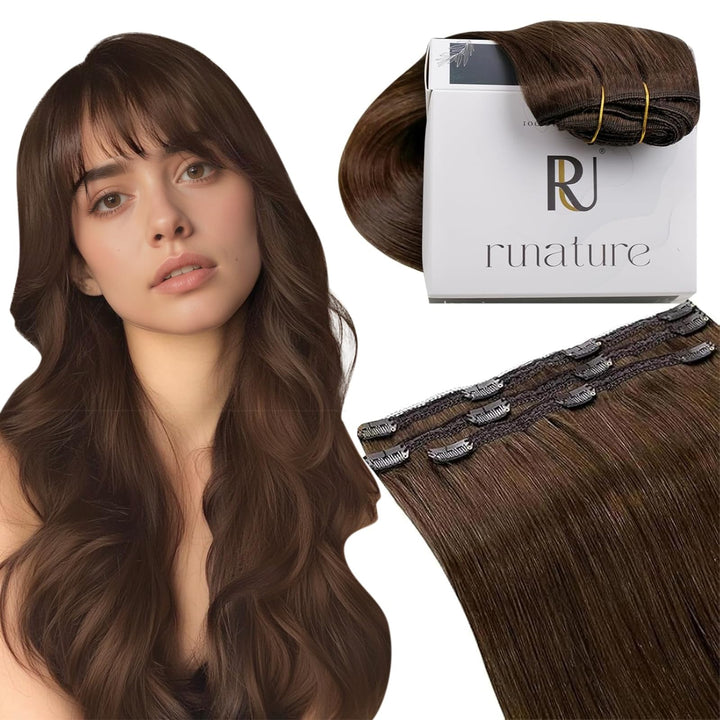 RUNATURE Echthaar Extensions Clip Braun 40cm 3 Stück Clip in Extensions Echthaar Gerade Clip Extensi