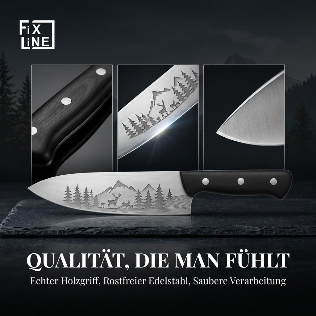 FIXLINE® Chefmesser 20cm BLACK FOREST Edition – Starkes Allround-Kochmesser - rasiermesserscharf - r