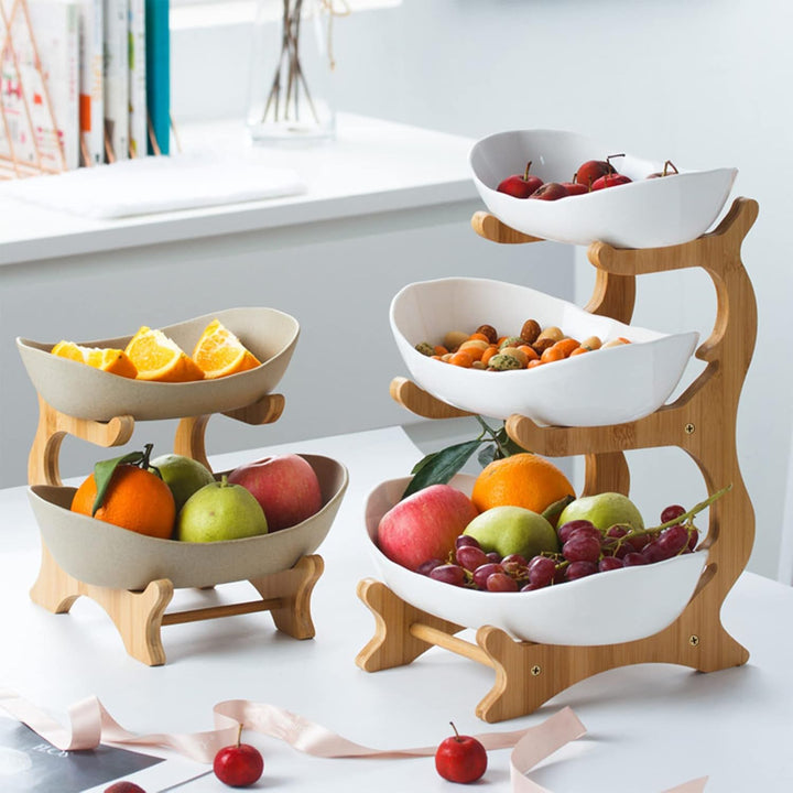 Obst Etagere Obstschale Keramik 3 Stöckig Porzellan Obstteller 3 Etagen mit Natürlichem Bambus Ständ