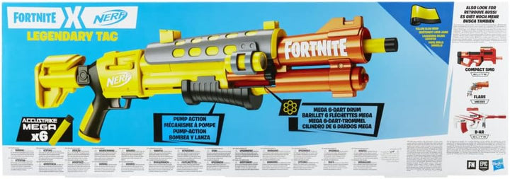 Nerf Fortnite Legendary TAC Blaster, Lackierung Gelbes Leuchten, 6-Dart Megatrommel, 6 Nerf AccuStri