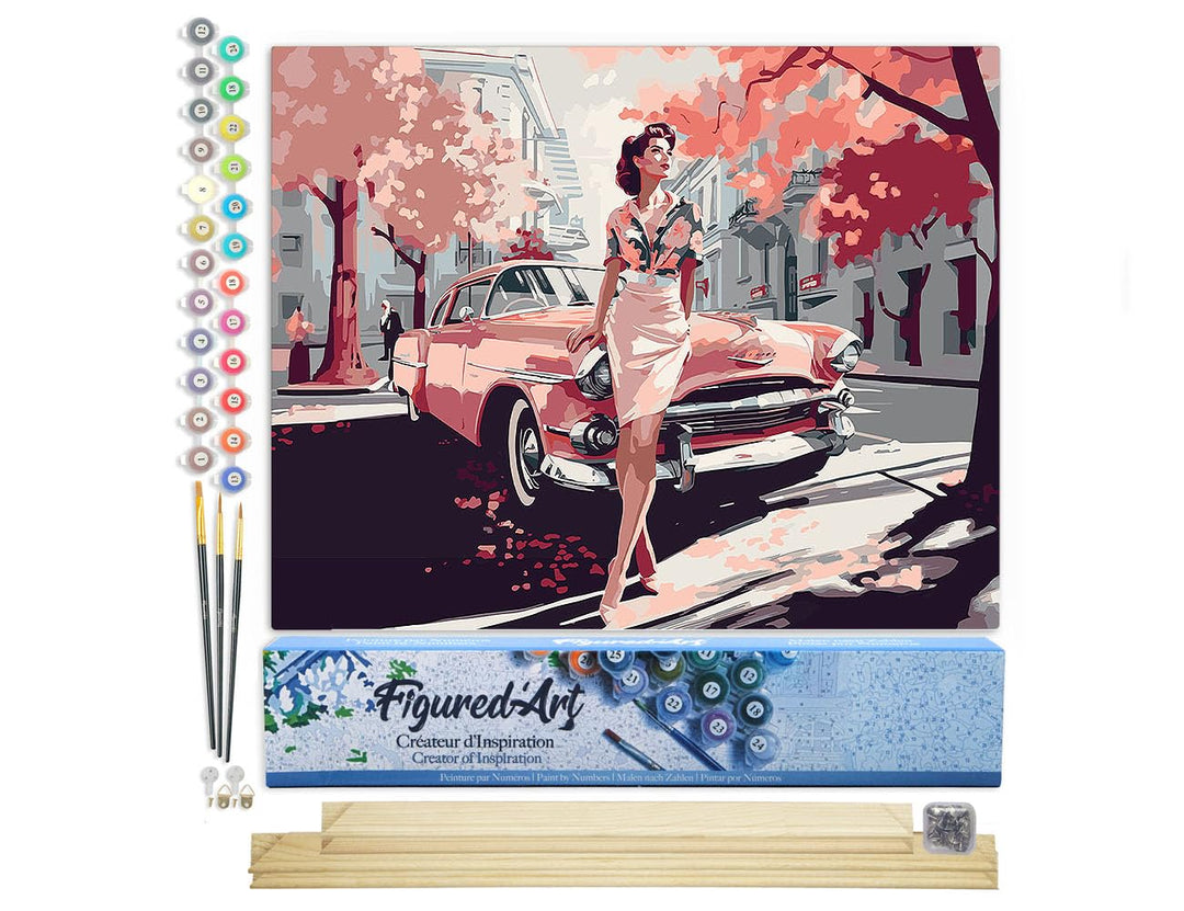 Figured'Art Malen Nach Zahlen Erwachsene Mit Rahmen Dame mit Rosa Oldtimer - Paint by Numbers Bastel