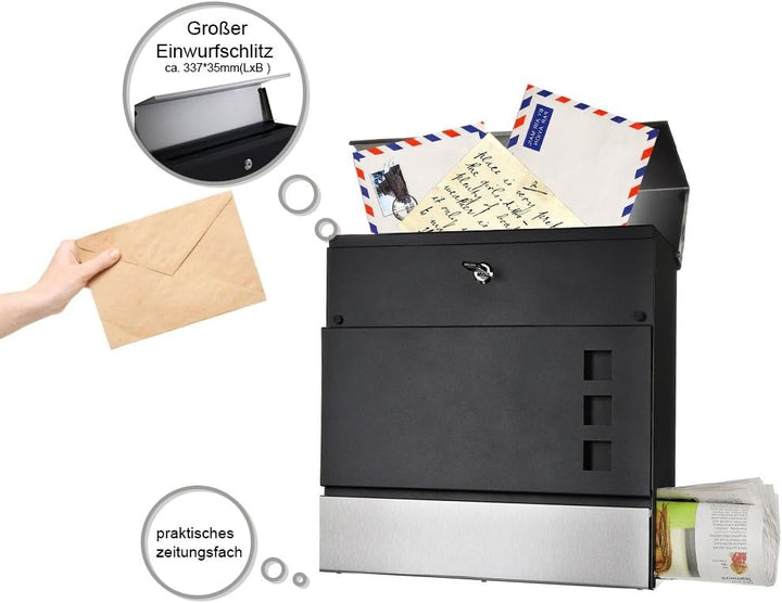Melko Wandbriefkasten Briefkasten Design mit Zeitungsfach aus poliertem Edelstahl, 37 x 11 x 36,5 cm