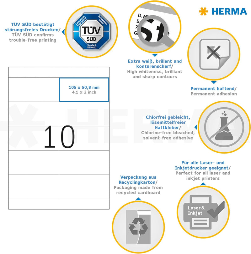 HERMA 4629 Universal Etiketten, 200 Blatt, 105 x 50,8 mm, 10 Stück pro A4 Bogen, 2000 Aufkleber, sel