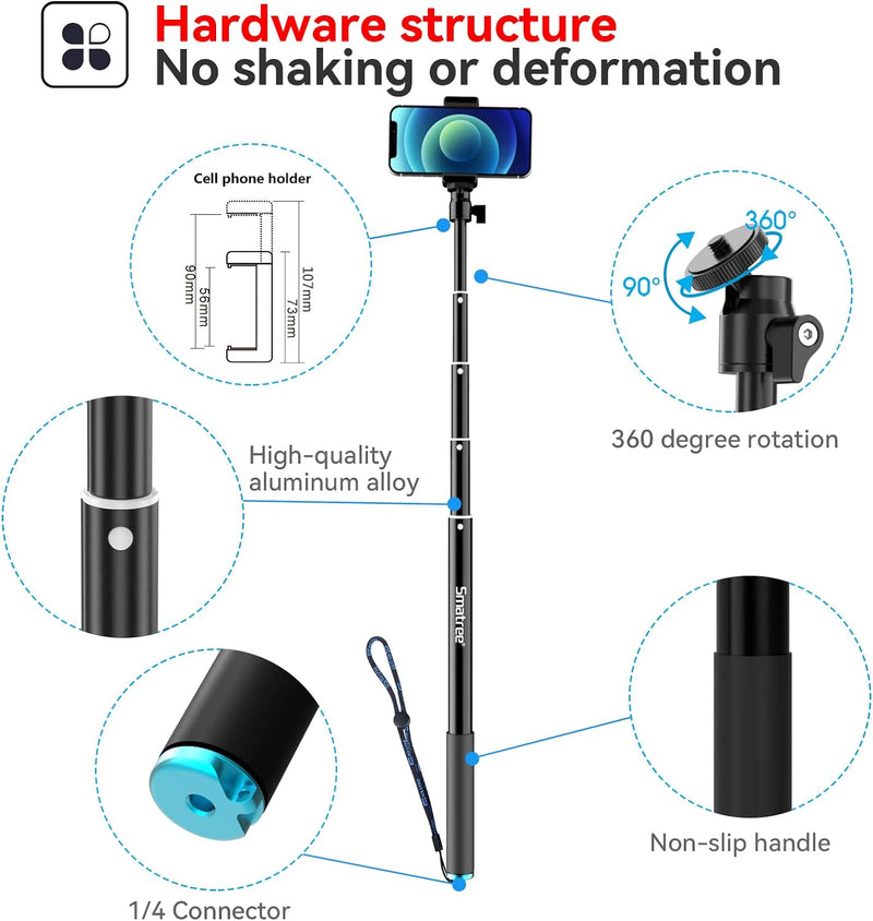 Smatree 70inch(178cm) Aluminiumlegierung ausziehbarer Selfie Stick, Teleskopstange Einbeinstativ für