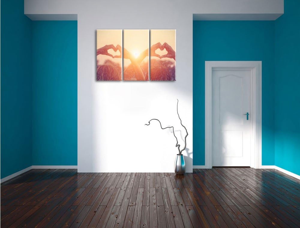 Pixxprint Zwei Mädchen Zeigen Herzmotiv bei Sonnenuntergang Kunst Buntstift Effekt 3-Teiler Leinwand