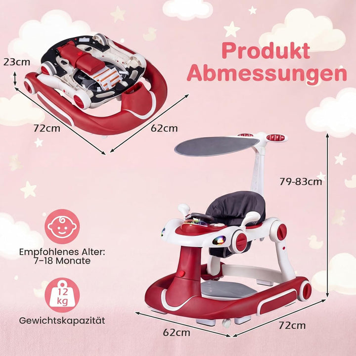 COSTWAY 7 in 1 Lauflernhilfe mit Verdeck, Lauflerwagen mit einstellbarer Höhe & Geschwindigkeit, Bab