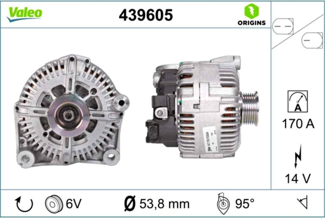 VALEO 439605 Generator Ladestrom des Generators: 170 Amp Rippen: 6 rippen Riemenscheibe Ø: 53,8 mm S