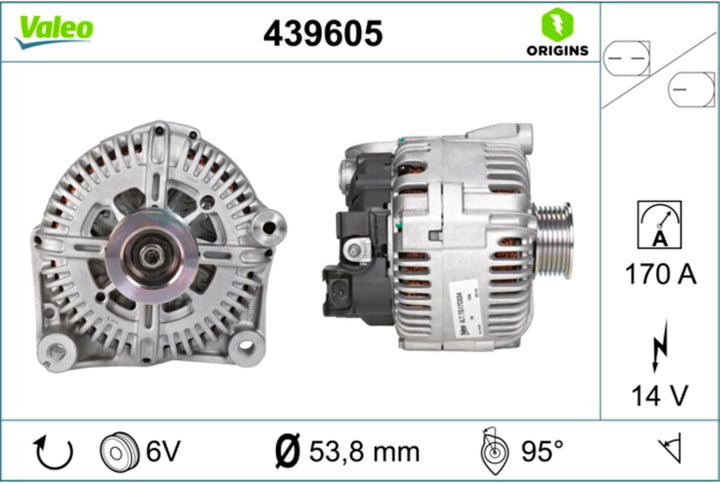 VALEO 439605 Generator Ladestrom des Generators: 170 Amp Rippen: 6 rippen Riemenscheibe Ø: 53,8 mm S