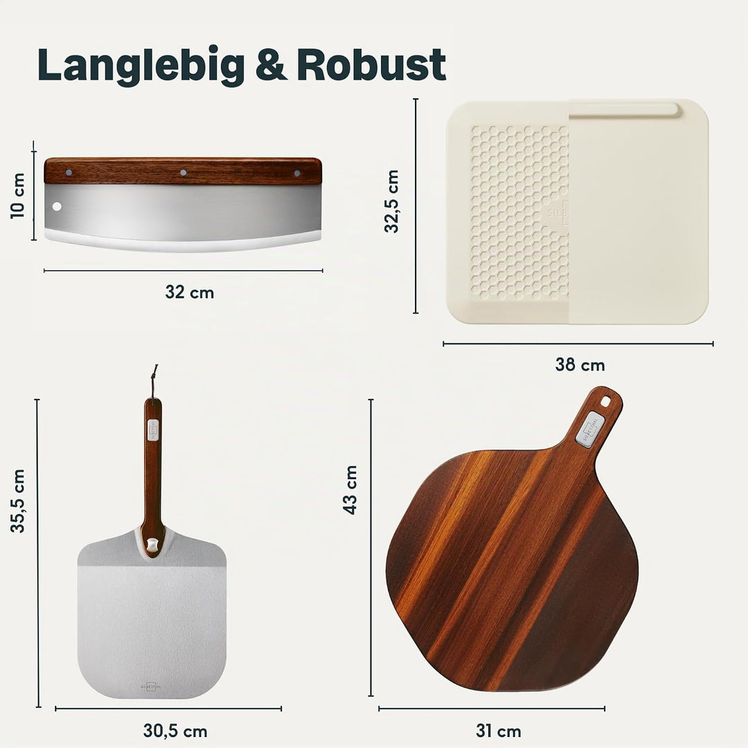 SILBERTHAL Pizzastein Set 4 teilig - Pizzaschieber Edelstahl mit Pizzastein, Pizzamesser 32cm &amp; Serv