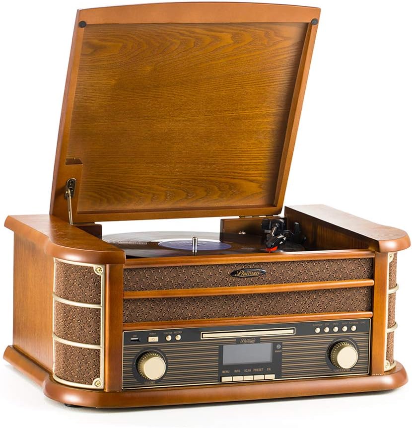 SHUMAN 8 IN 1 Holzmusik System mit Plattenspieler,CD-MP3-Player,Kabellos,USB-Anschluss,DAB, FM-Radio