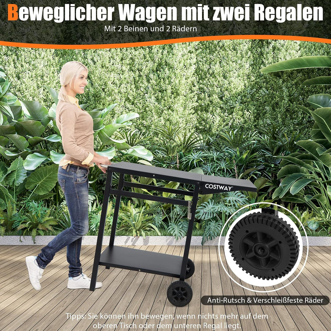 COSTWAY Grilltisch mit klappbarer Tischplatte, Beweglicher Campingtisch mit 2 Ablagen &amp; 4 Haken, Met
