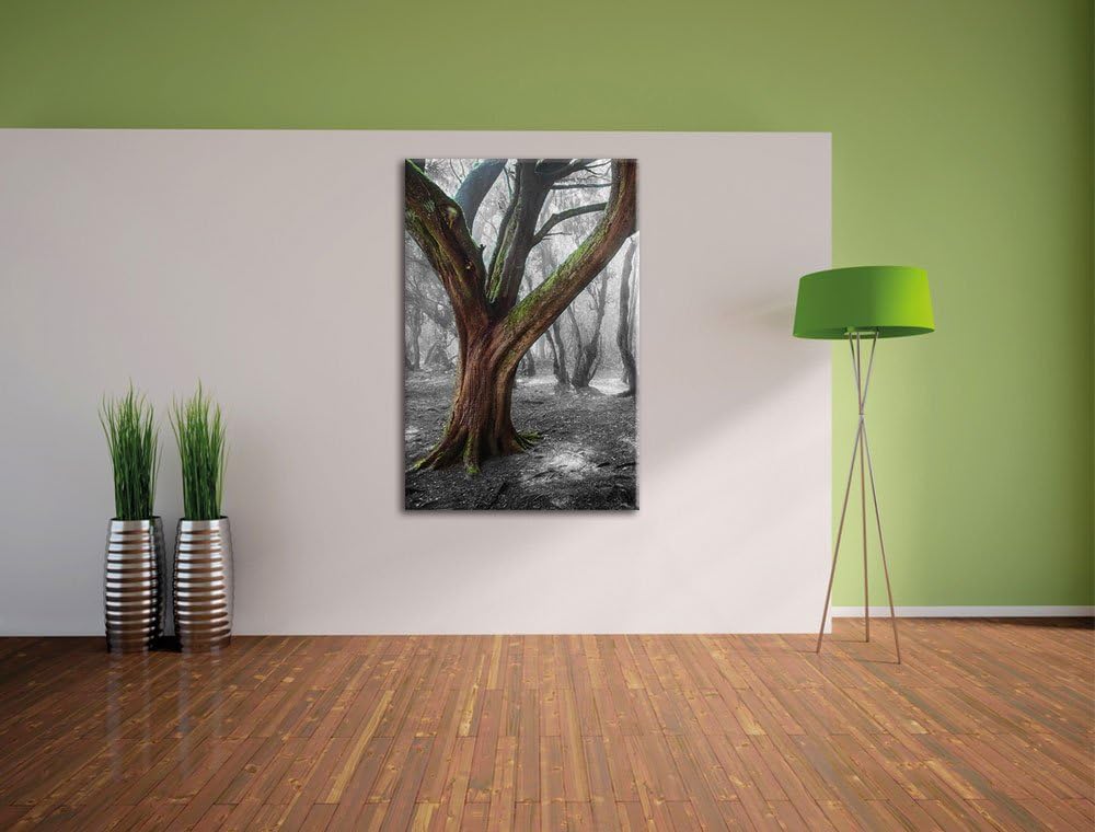 Pixxprint einsamer Baum in tristem Grau / 100x70cm Leinwandbild bespannt auf Holzrahmen/Wandbild Kun