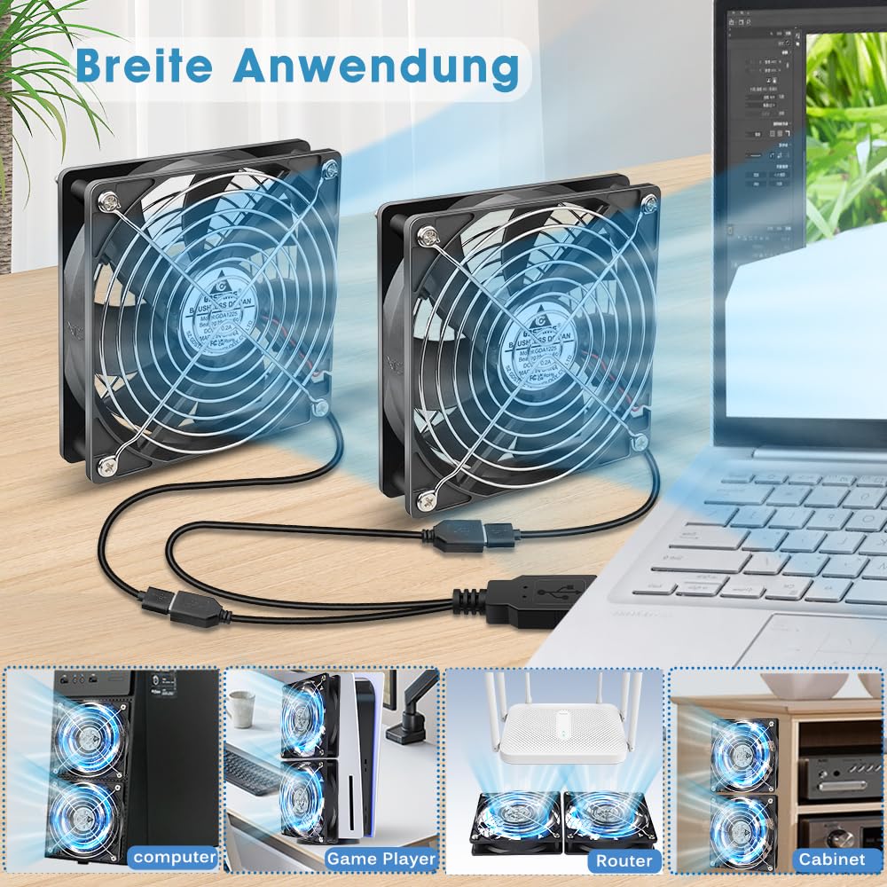 GDSTIME 120mm USB Lüfter 120 x 25mm Gehäuselüfter USB 120mm PC Lüfter 1500 U/min Bürstenloser Lüfter