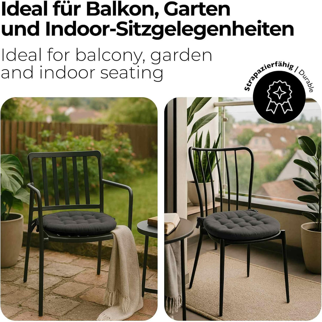 etérea 8er Set Sitzkissen Outdoor 38x38 Rund mit Bändern - Stuhlkissen Anthrazit für Gartenstuhl &amp; I
