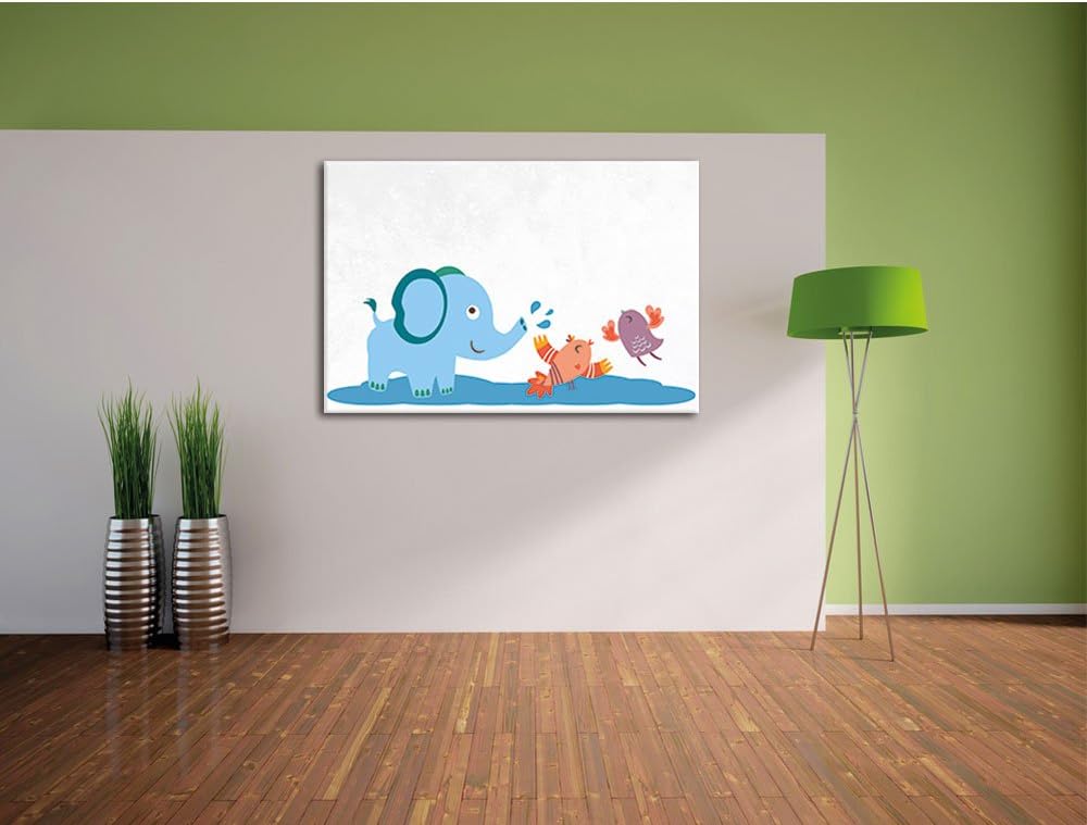 Pixxprint Elefant mit Vögeln als Leinwandbild/Grösse: 100x70 cm/Wandbild/Kunstdruck/fertig bespannt,