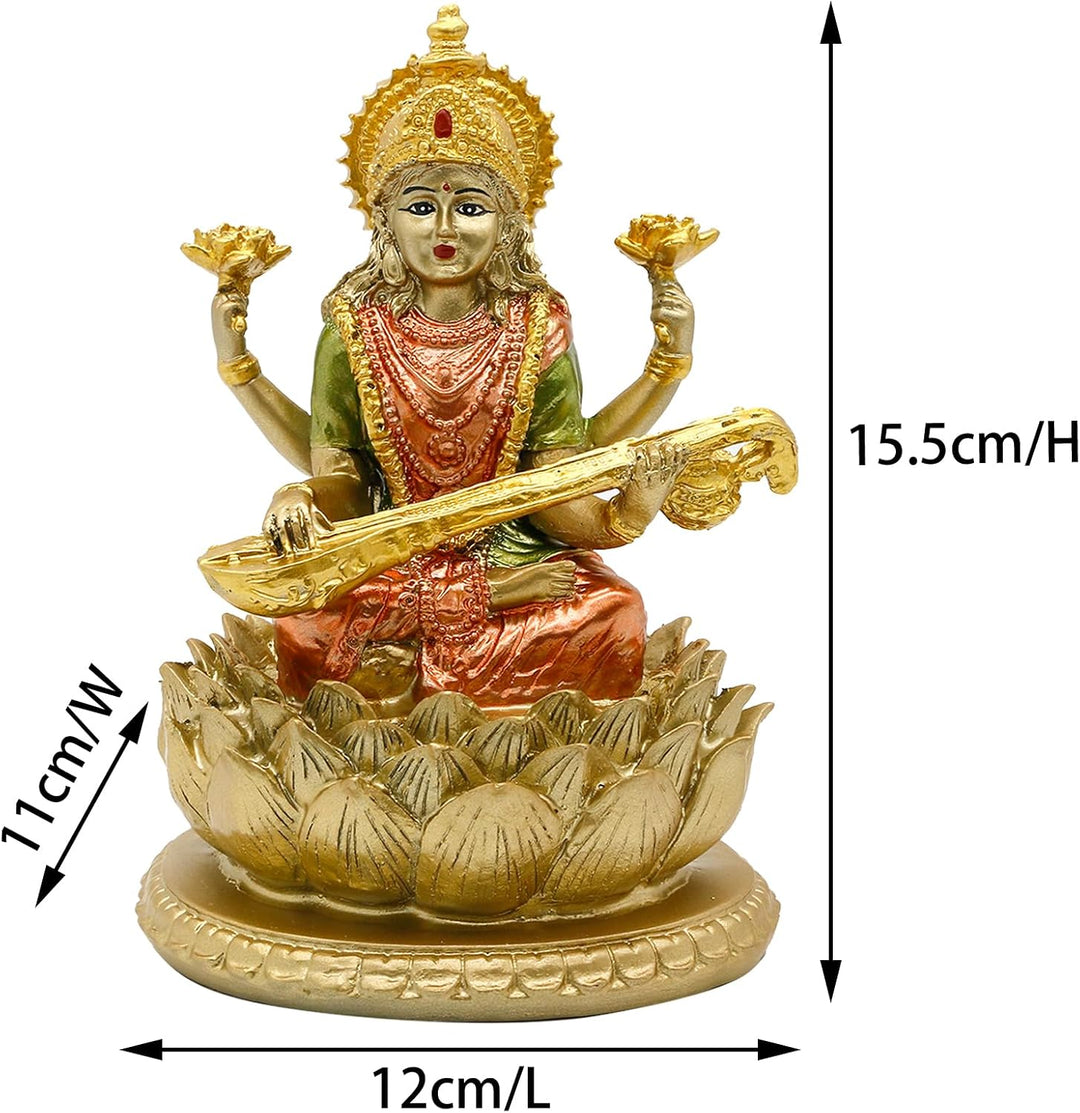 BangBangDa Hindu-Göttin Lord Saraswati Statue – Indisches Idol der Musik sitzend auf Lotus-Skulptur
