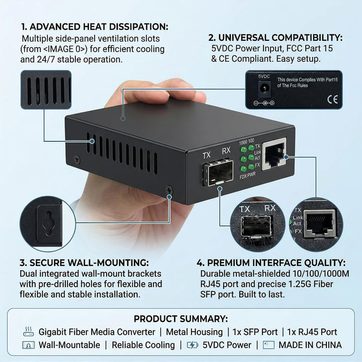 Gigabit-SFP-LC-Singlemode-Modul Glasfaser-zu-RJ45-Ethernet-Medienkonverter | 10/100/1000Base-TX auf
