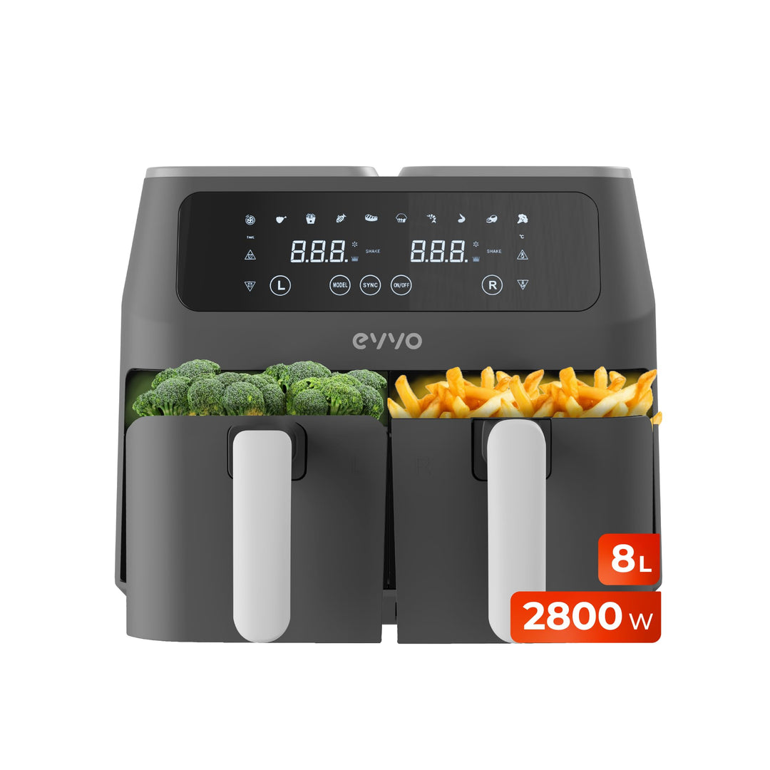 EVVO Luftfritteuse ohne Öl, 8 l, 2.800 W, Doppelkorb, Antihaftbehälter, Dual-Cyclone-Technologie, 10