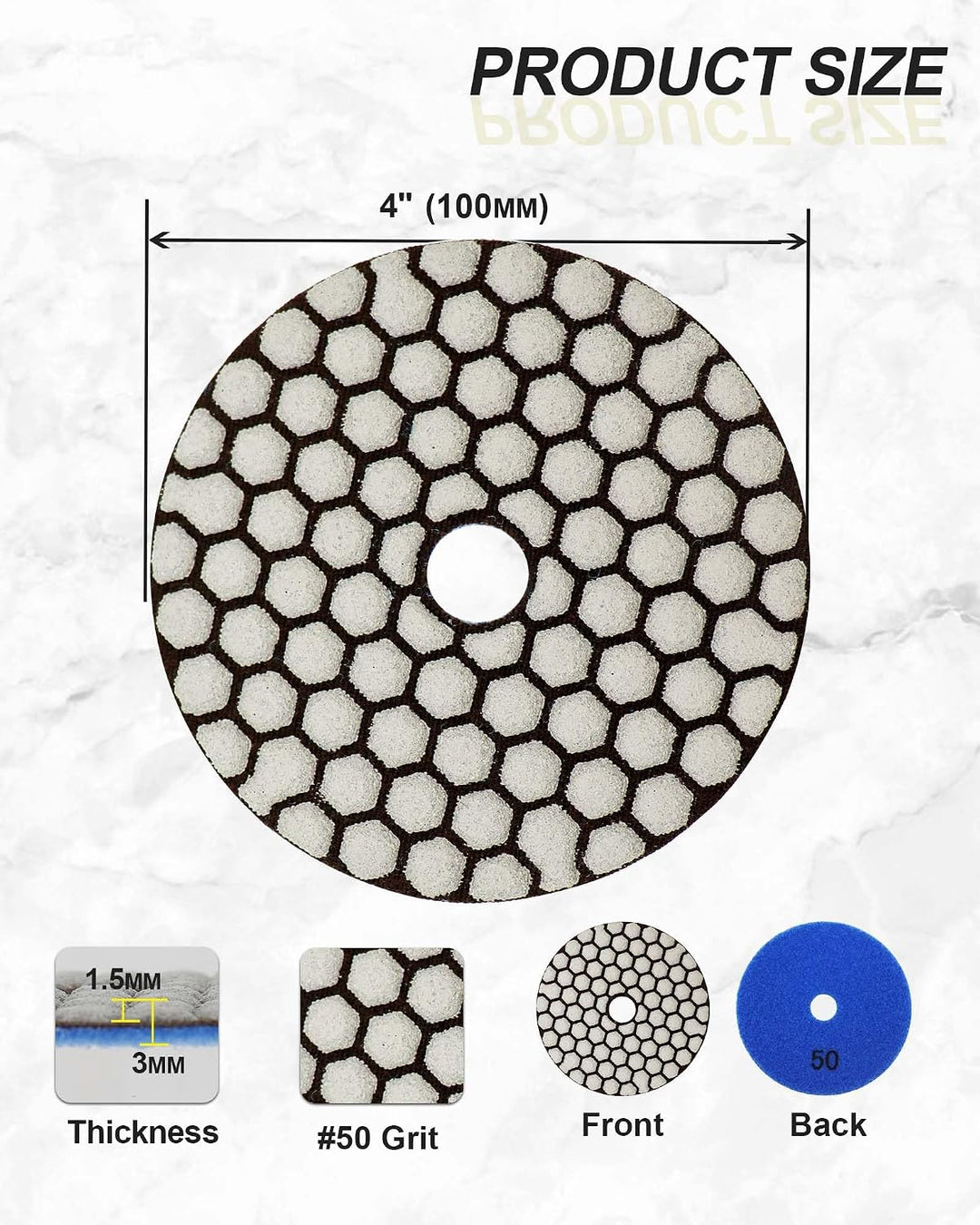 Trocken Diamant Polierpad 100mm 8 Stücke Körnung 50 Polierscheiben für Granit Marmor Kunststein Quar