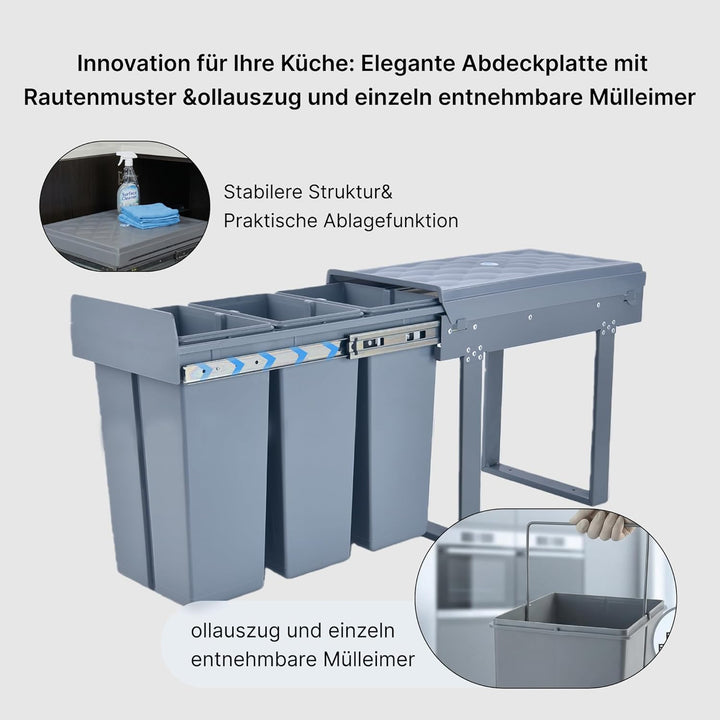 Einbaumülleimer Küche 3 Fächer (3x10L) – Mülltrennsystem für schmale Schränke,5-Punkt-Verstärkung,au