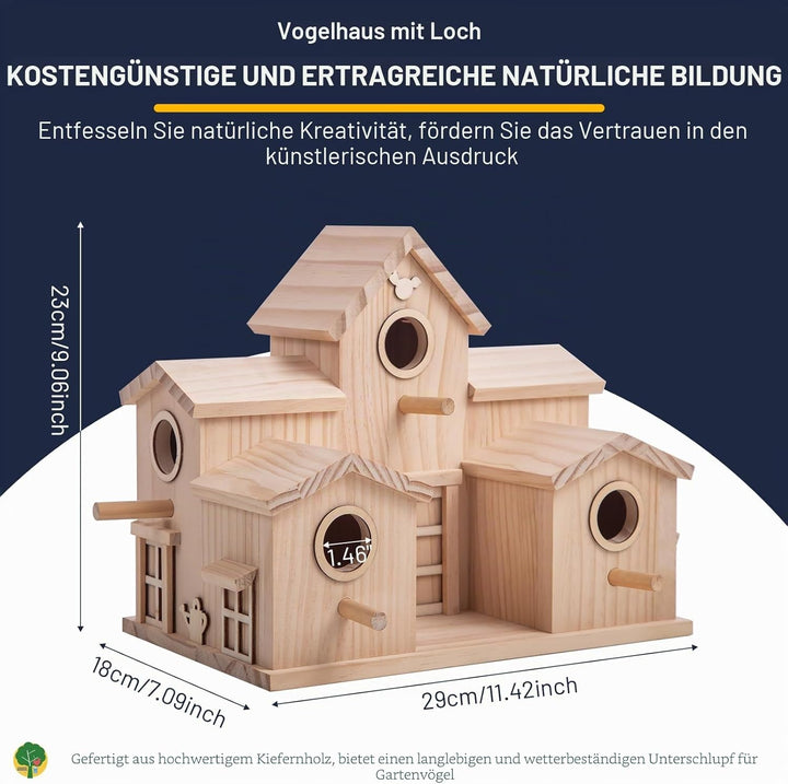 Vogelhaus aus Holz mit mehreren Einstiegslöchern, Kiefer natur, dekoratives Gartenhaus