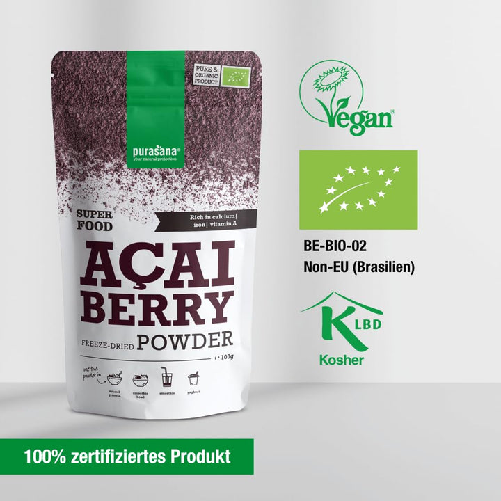 Purasana® Acai Pulver Bio - 100g Gefriergetrocknet, 100% Rohkost aus Acai-Beeren, Hochkonzentriert u