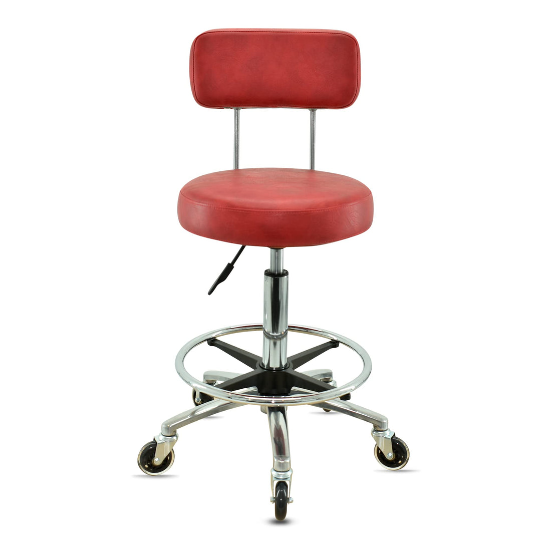 VAKON SALON - Premium Rollhocker in Rot mit Lehne und Fussring - Höhenverstellbar 55-75 cm - Rundsit