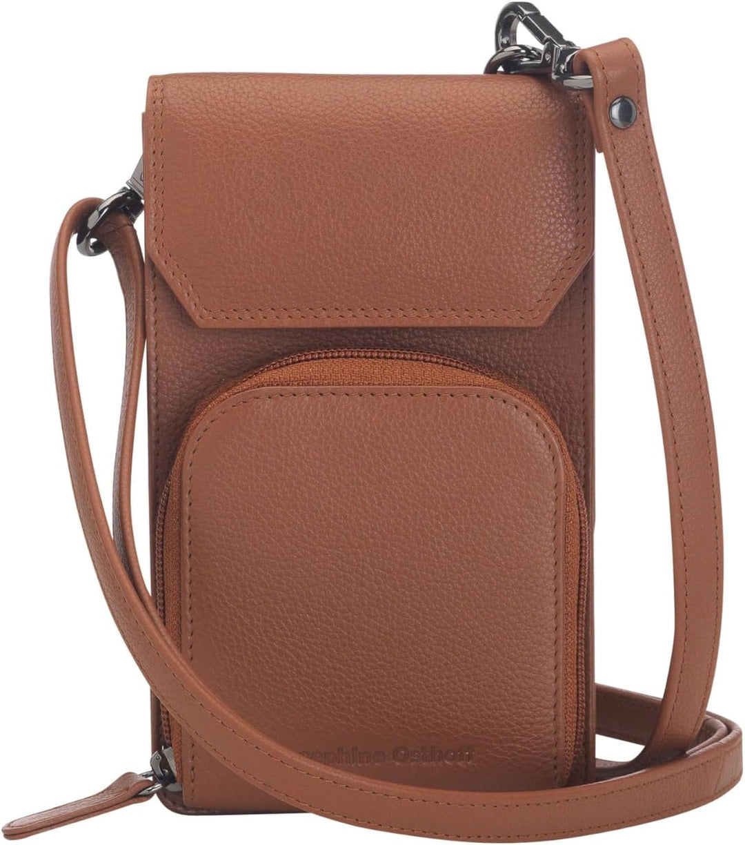 Josephine Osthoff Handy Umhängetasche mit Vortasche für Kopfhörer, handgemacht aus 100% Echtleder, C