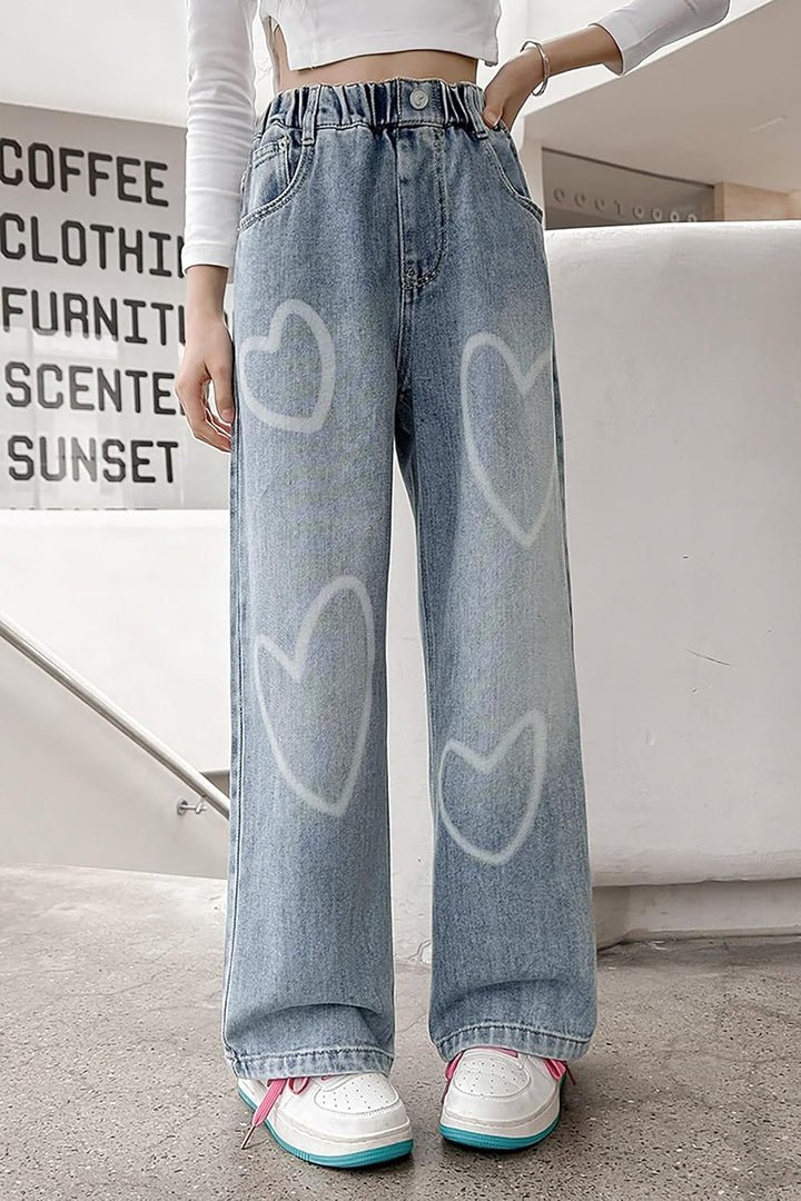 Rolanko Mädchen Jean Hosen Loch Denim Blau Jeans, Vintage Hose mit weitem Bein für Kinder Fit 10-11