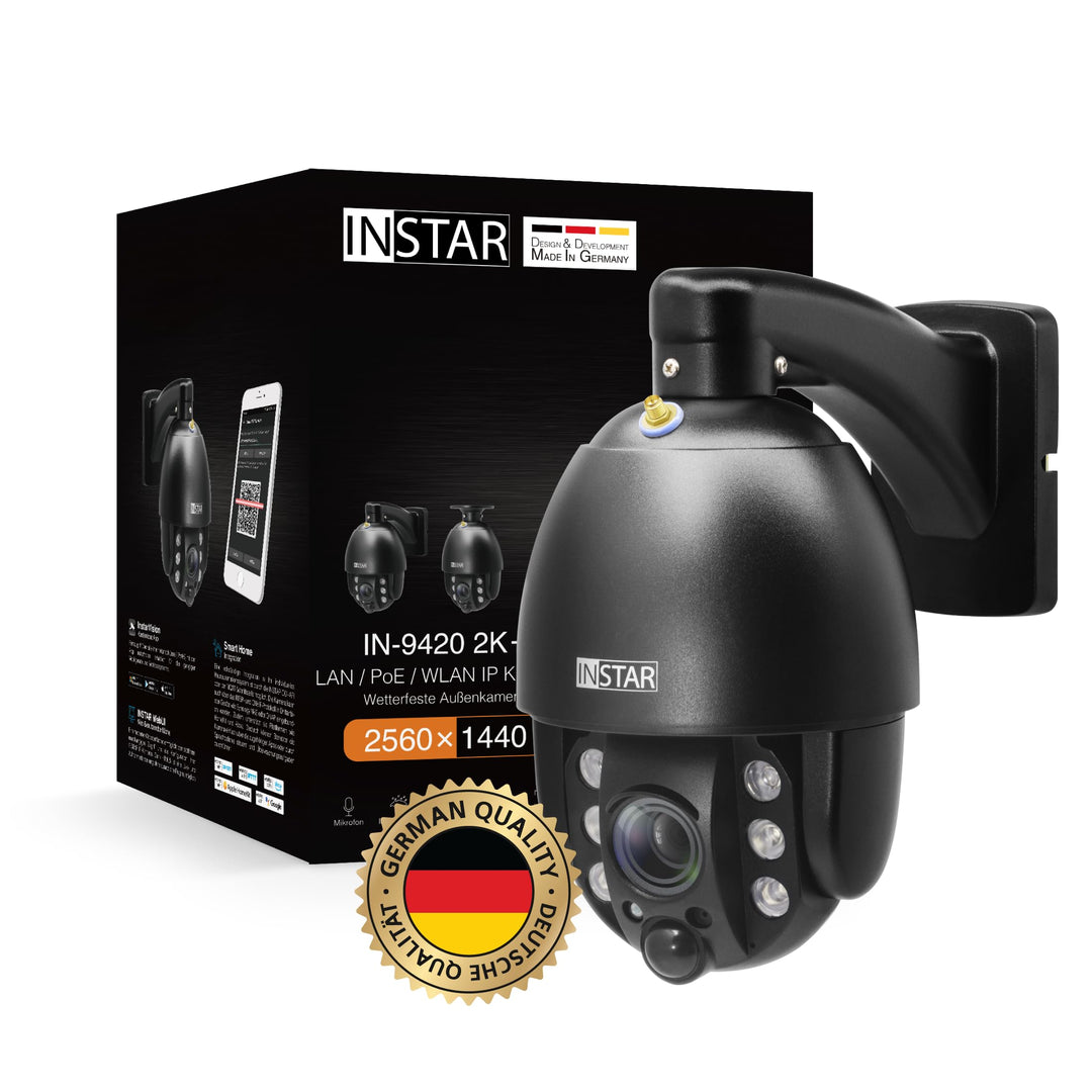 INSTAR IN-9420 2K+ schwarz - LAN/PoE/WLAN Überwachungskamera mit KI (AI) - IP Kamera - PIR - Steuerb