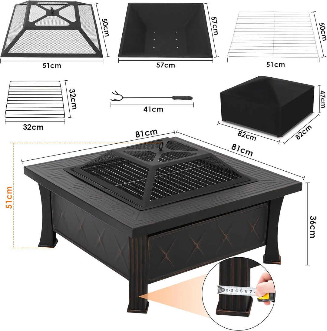 Feuerschale mit Grillrost und Funkenschutz, 3 in 1 Feuerstelle Outdoor Quadratisch mit Abdeckung, Fe