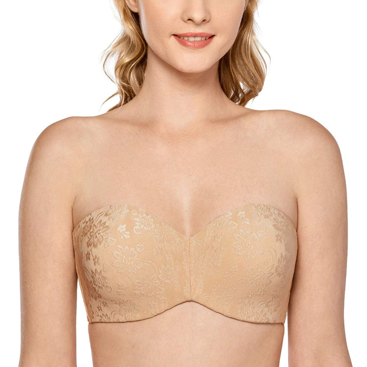 DELIMIRA Damen Jacquard Trägerloser BH Grosse Grössen mit Bügel Bandeau BH ohne Träger ohne Polster