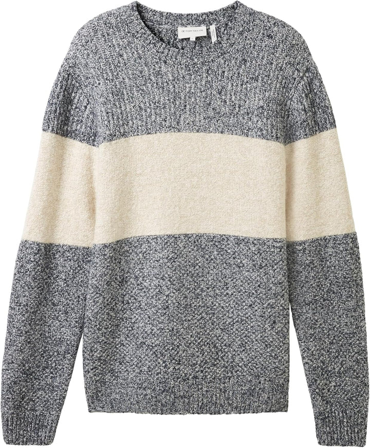 TOM TAILOR Herren Colorblock Strickpullover, 32725 - Beige Navy Multi Structure