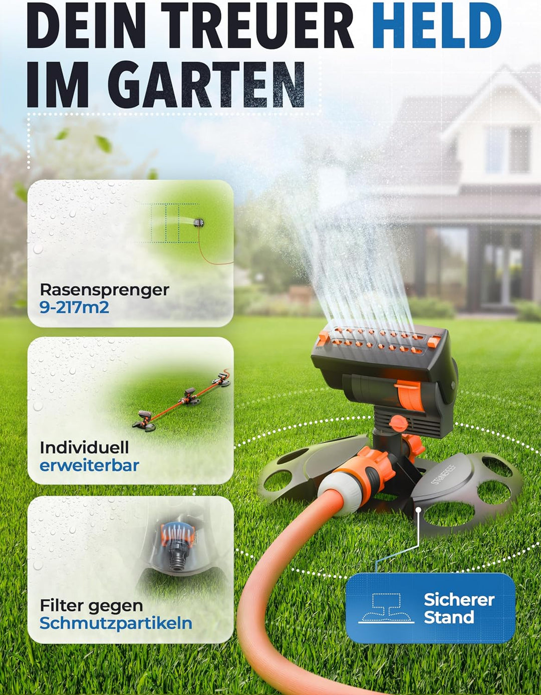 STONE REEF Rasensprenger [9-217m2] zur Gartenbewässerung- 16 Düsen, Viereckregner zur Bewässerung, S