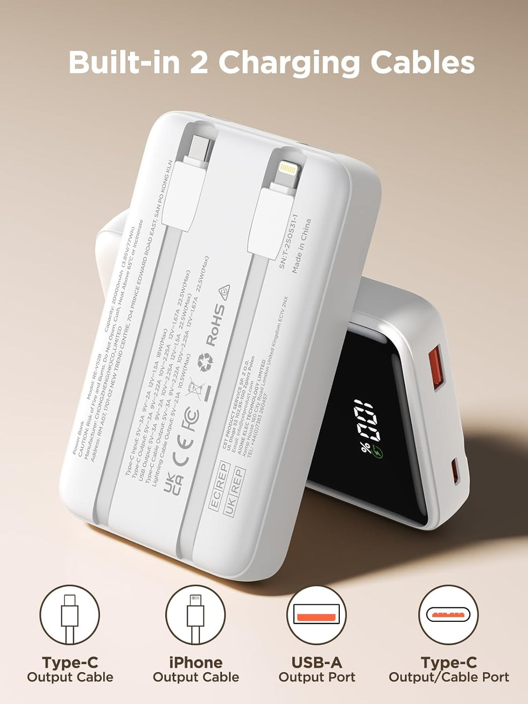 Aioneus 20.000 mAh Powerbank mit integrierten Kabeln, 22,5 W PD Schnellladegerät, tragbares Ladegerä